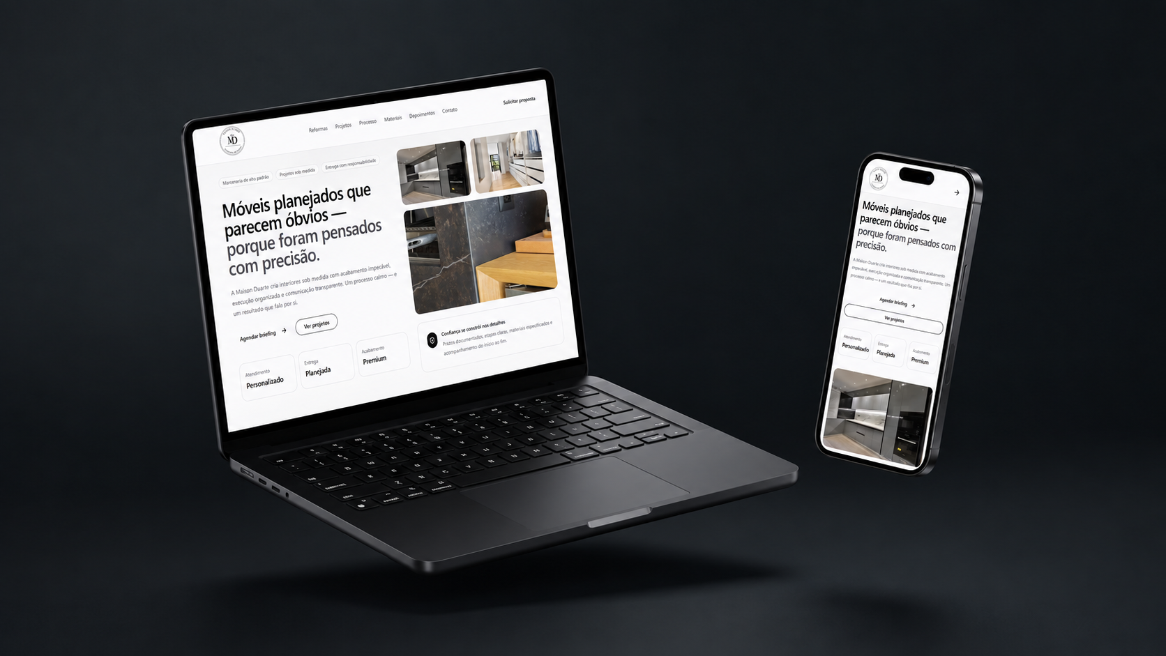 Notebook e smartphone exibindo interface de website institucional e landing page de alto padrão